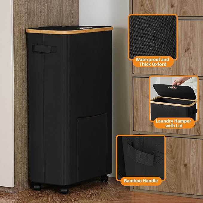 Laundry Basket with Wheels, Dirty Clothes Hamper on Wheels, Rolling Tall Laundry Hamper with lid for Laundry Room, Dorm and Bathroom, 75L Black - Image 3