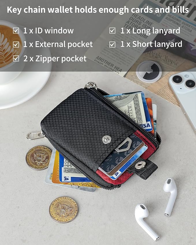 Artpaxy Minimalist Wallet For Mens Womens, Keychain RFID Blocking Zipper Small Wallet with ID Window 2 Lanyards,Water Resistant Travel Cash Card Coin Case Boys Girls - Image 5