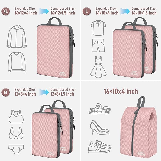6 Set Compression Packing Cubes, Suitcase Organizer, Lightweight Travel Essentials, Compression Bags For Travel Accessories Luggage Storage Set (6Pcs, Grayish pink) - Image 2