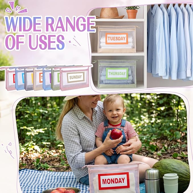 Woanger 14 Pcs Daily Packing Cubes for Travel, Days of Week Clothes Bags with Weekly Stickers, Storage Bag for Suitcases Camping (Morandi Colors) - Image 7
