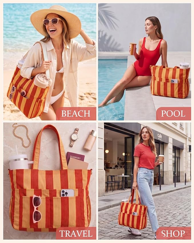 Kacctyen Striped Beach Tote Bag for Women Large Beach Foldable Tote Bag with Zipper Pockets for Travel Pool - Image 2