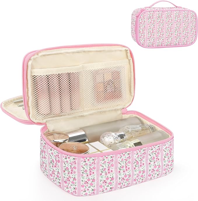 Relavel Cute Makeup Bag for Girls, Portable Pink Cosmetic Bag | Dual-layer Makeup Pouch with Brush Holder, Multi-Functional Preppy Toiletry Organizer for Travel, Daily Use - Pink Flower by Relavel