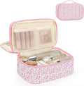 Relavel Cute Makeup Bag for Girls, Portable Pink Cosmetic Bag | Dual-layer Makeup Pouch with Brush Holder, Multi-Functional Preppy Toiletry Organizer for Travel, Daily Use - Pink Flower by Relavel