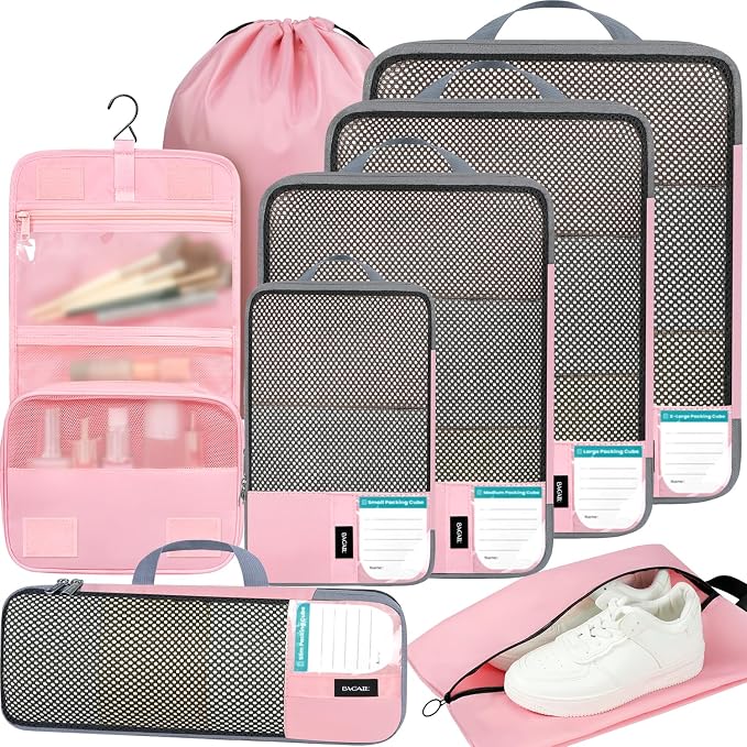 BAGAIL 4/6 Set/8 Set Compression Packing Cubes Travel Accessories Expandable Packing Organizers(HalfMesh, 8-Pink) by BAGAIL