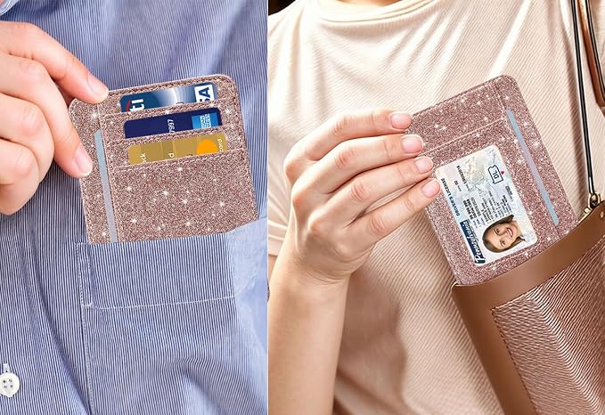 HOTCOOL Card Holder Wallet Front Pocket Minimalist Travel Cute Funny Thin Leather With RFID Blocking Small Credit Card Holder Wallet for Men & Women Girls Organizer Gifts, Glitter Rose - Image 6