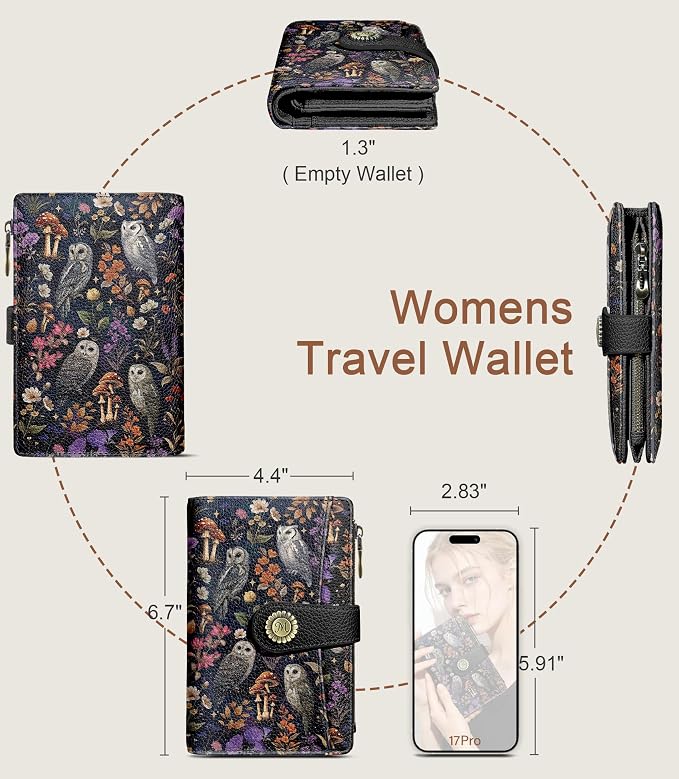Owl Wallet Women RFID Bifold, Passport Holder, Credit Card Holder | 6.7" x 4.4" x 1.3" Bifold, Travel billfold, Zipper Pocket, PU Leather Clutch, Purse, ID Window, Pen Holder, Gift Ladies Girl - Image 5