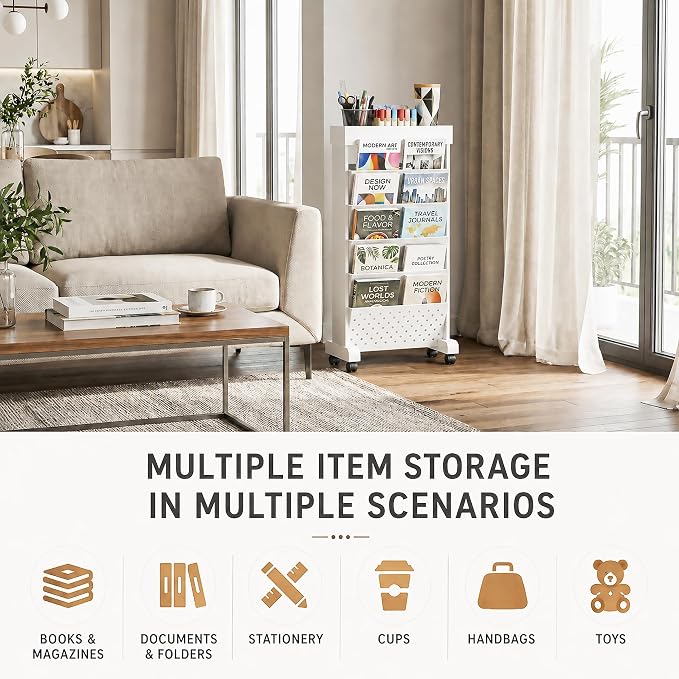 6-Tier Rolling Bookshelf Magazine Rack with Wheels White | Mobile Bookcase, Book Storage File Folder Organizer Cart for Home Study Office Living Room Classroom - Image 6