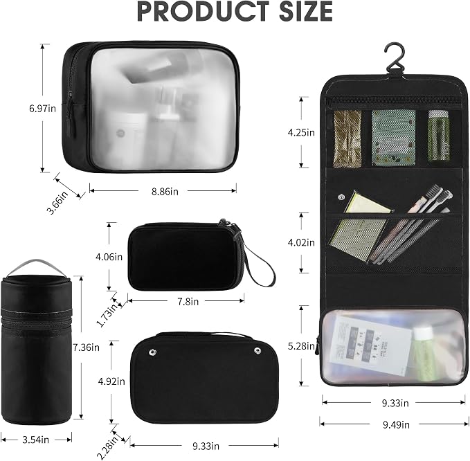 Toncoke Travel Toiletry Bag Set, Hanging Toiletry Bag Premium Faux Leather, Toiletry Bag for Women & Men, Travel Essentials Makeup Bag Water-resistant (Faux Leather Black) - Image 3