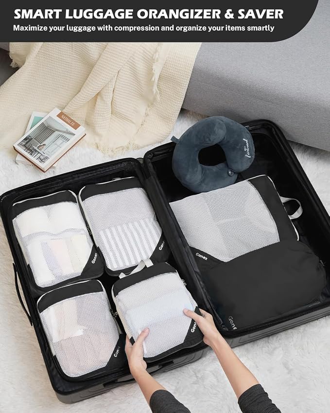 Gonex Compression Packing Cubes for Travel, Mesh Bags Luggage Organizers | Set of 4/5/6/7/10 for Essentials, Extensible, Fits 20"Carry-on Suitcases, See-through Mesh, Double Zipper Compression - Image 9
