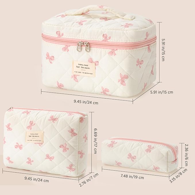 HBselect Quilted Makeup Bag, 3Pcs Cotton Large Travel Makeup Bags Organizer | Cute Floral Make up Bag Cosmetic Bag Toiletry Bag for Women Girls, Makeup Pouch for Skincare, Brushes & Travel Essentials - Image 6