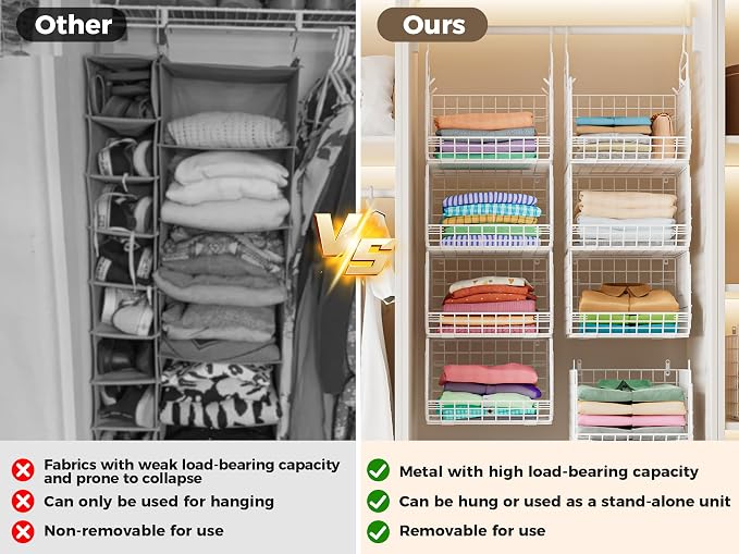 4" Extra Deeper Foldable Hanging Closet Organizer, Small Wire Cabinet Shelves and Storage with 5 S Hooks,4 Tier Metal Basket Bins for Clothes Sweaters Handbags, Wardrobe for Kitchen Laundry Room，White - Image 11