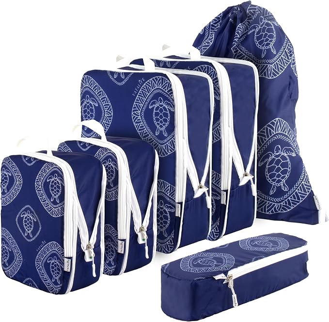 6-Set Compression Packing Cubes for Travel with Drawstring Backpack-Luggage Organizers for Suitcase-Water Resistant, Lightweight Vacation Essentials, Blue Turtle - Image 2