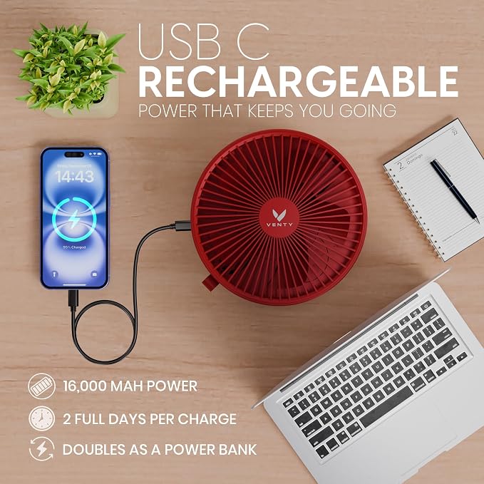 VENTY Portable Fan - Wireless Battery Operated Fan - 4 Speeds - LED Lighting - Carry Case & Remote Control - Cruise Travel - Outdoor Travel RV Power Bank With USB-C Port (Red with Case) - Image 7