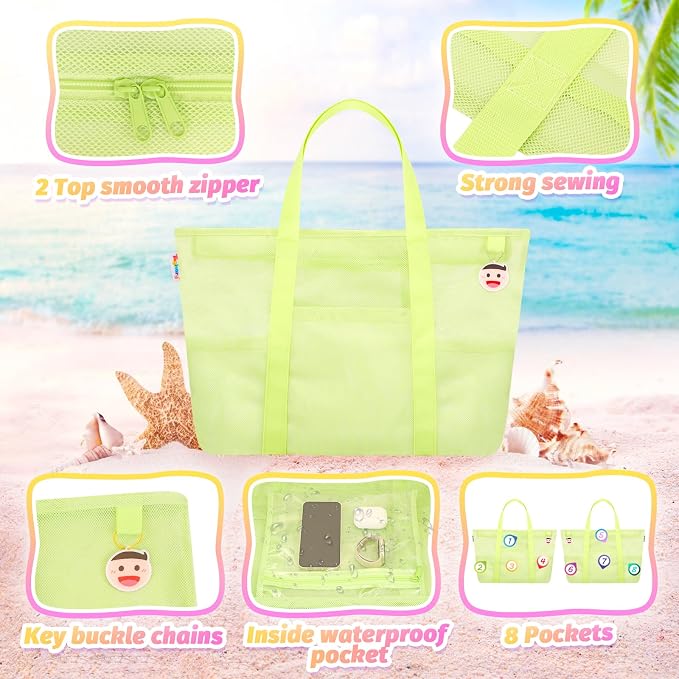 Tagitary Mesh Beach Bag with Zipper Large Beach Tote Waterproof Sandproof with 8 Pockets for Toys Pool Bag Beach Accessories - Image 5