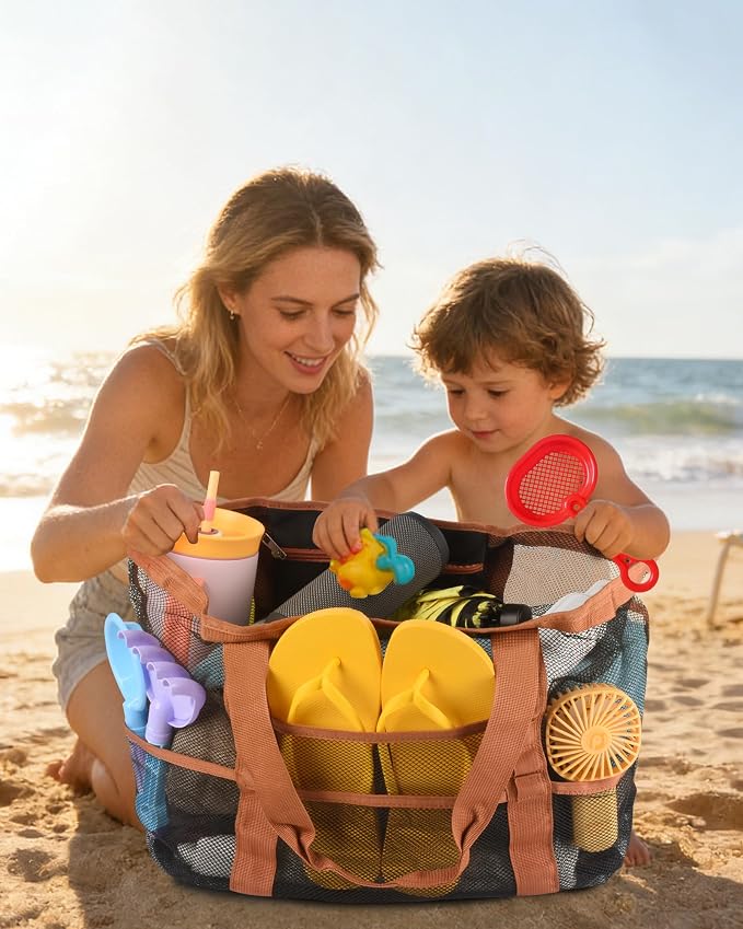 Genteen 40L Mesh Beach Bag, Foldable Sandproof Tote with Waterproof Pocket Quick Dry for Women Family Pool Vacation - Image 3