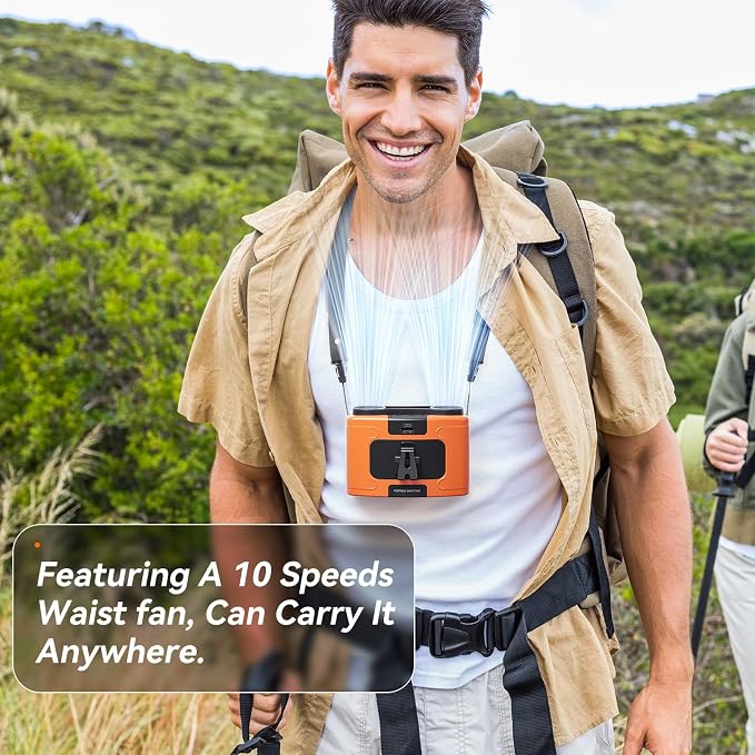Doublepow 10000mAh Portable Waist Fan, Personal Dual Waist Fan, Clip On Belt Hanging Neck, Dual Motor 20H&10 Speed 16000RPM Strong Airflow, USB Rechargeable Fans, for Outdoor Work Travel(K60-Orange) - Image 6
