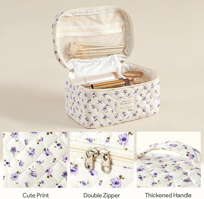 HBselect Quilted Makeup Bag, 3Pcs Cotton Large Travel Makeup Bags Organizer | Cute Floral Make up Bag Cosmetic Bag Toiletry Bag for Women Girls, Makeup Pouch for Skincare, Brushes & Travel Essentials - Image 3