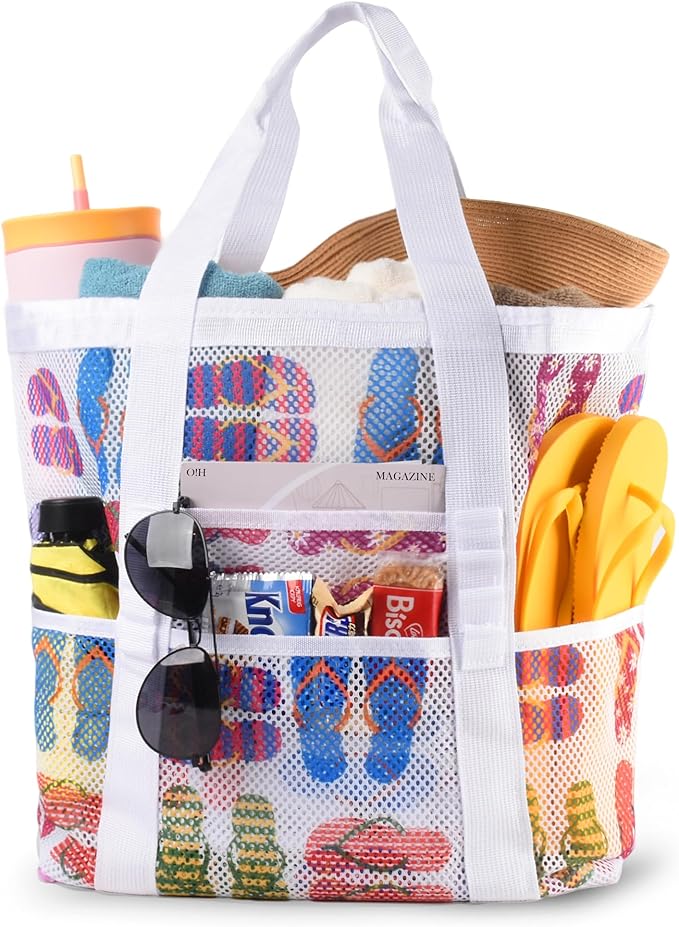 Genteen 40L Mesh Beach Bag, Foldable Sandproof Tote with Waterproof Pocket Quick Dry for Women Family Pool Vacation by Genteen