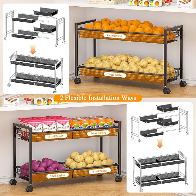 3IngSeagulls 2-Tier Expandable Rolling Pantry Floor Organizer, Stackable Pantry Storage Cart with Wheels, Kitchen Fruit and Vegetable Storage Rack for Onion, Potato, Food, Snacks - Image 3