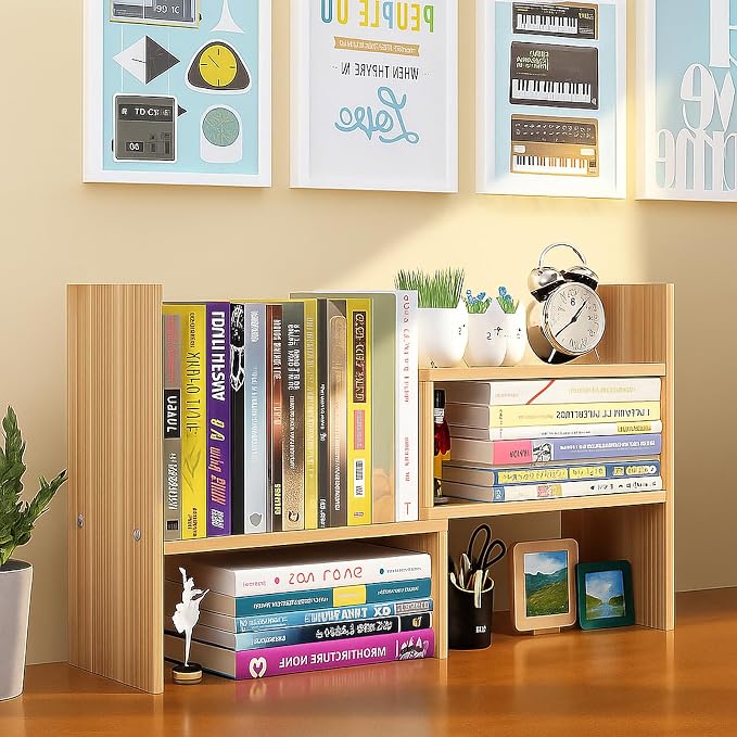 Desktop Shelf Organizer, Adjustable Wood Office Storage Rack, Counter Display Small Bookshelf for Home/Office/School(Light Walnut) by IUSEIT