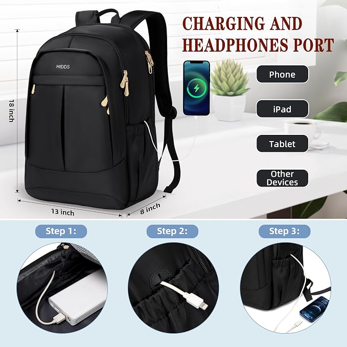 Travel Laptop Backpack for Women 15.6 Inch Computer Backpacks with USB Charging Hole Anti Theft Carry on Bag College Bookbag Large Black Back Pack for Work Business Traveling Commuter Daypack-Black - Image 6