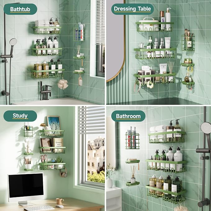 Veken Rustproof & Waterproof Shower Caddy 6-Pack, No Drilling Adhesive Shelves Rack with Soap Holder, Large Capacity Bathroom Organizers and Storage, Wall-Mounted Kitchen & Home Decor, Green - Image 8