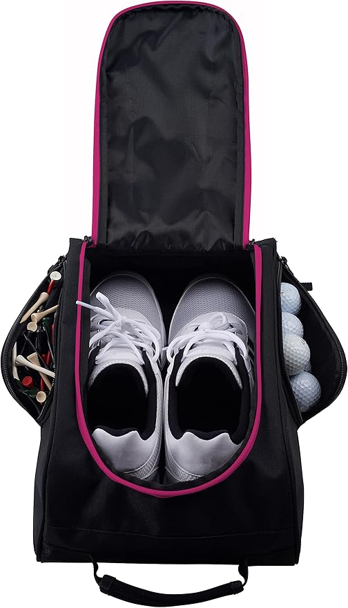 Athletico Golf Shoe Bag - Zippered Shoe Carrier Bags With Ventilation & Outside Pocket for Socks, Tees, etc. (Black/Pink) by Athletico