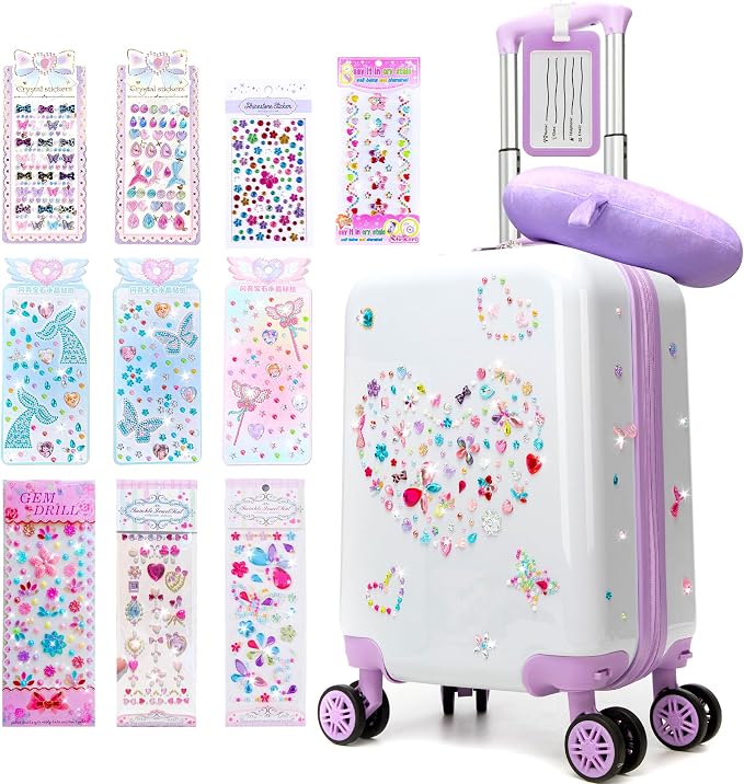 Kids Luggage Sets Suitcase Set with Travel Pillow for Girls 10 Sheets Gem Stickers Small Suitcase with Wheels Hardshell Carry on Luggage for Airplane Travel Essential DIY Styles Purple by Unknown