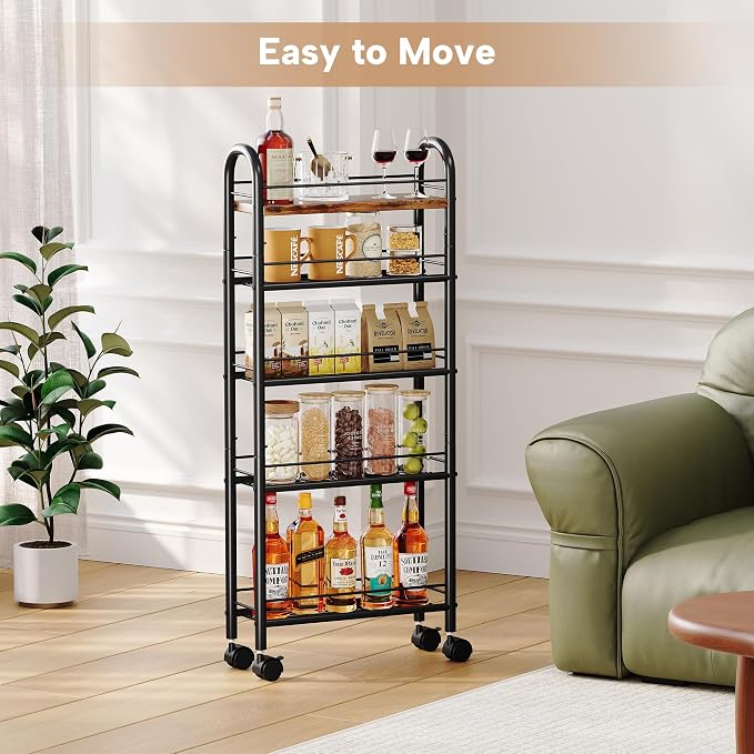 Slim Storage Cart, 5 Tier Narrow Utility Cart with Metal Frame and Wooden Top, Rolling Storage Organizer Shelving Unit for Kitchen, Dining Room, Living Room,Home Office, Vintage - Image 6