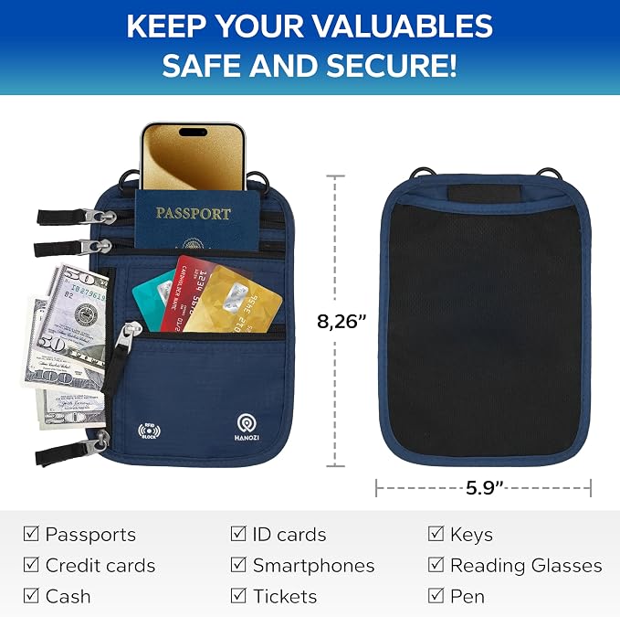Neck Wallet – Travel Pouch and RFID Blocking Passport Holder for Women and Men, Slim Travel Wallet (Navy) - Image 2