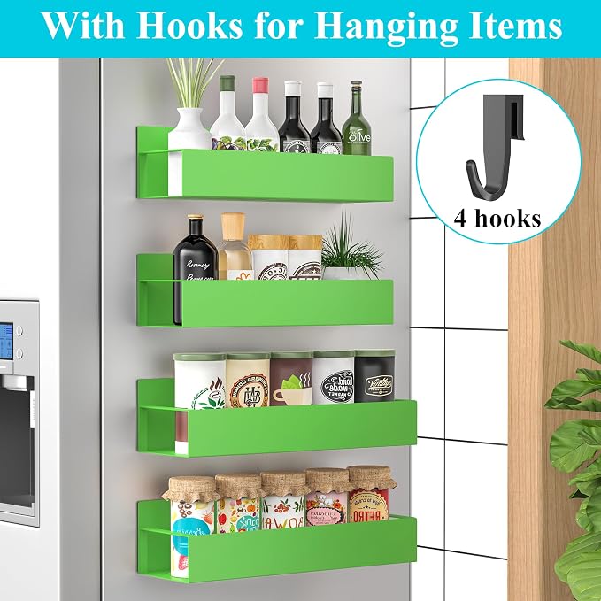 HuggieGems Metal Magnetic Spice Rack for Refrigerator Green, 4 Pack | Magnetic Shelves Heavy Duty for Fridge in Kitchen, Seasoning Storage Organizer, For Oven Washer and Dryer, For Heavier Items - Image 2