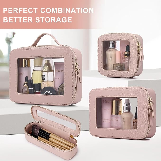 Pinkmik Clear Makeup Bag, (Pink, M+MINI) | 2PC,Waterproof, Travel Case for Cosmetics and Toiletries, Women's Purse Organizer, Clear Car Bag with Zipper - Image 7