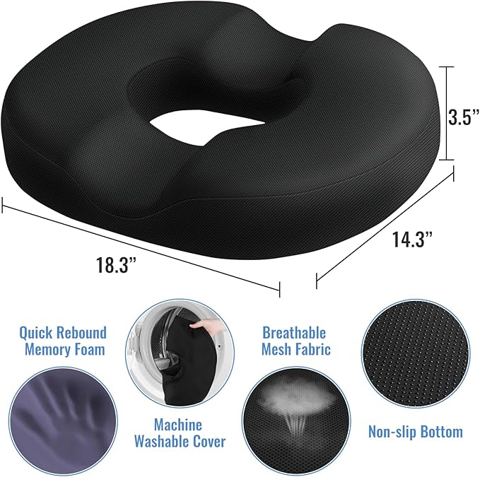 CloudBliss Donut Pillow Stadium Seat Cushion for Tailbone Pain Relief and Hemorrhoids, Memory Foam Seat Chair Cushion, Portable Seat Cushions for Bleachers, Car, Home & Office - Image 2