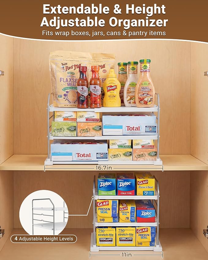 EVERIE Extendable 3-Tier Kitchen Cabinet & Pantry Organizer for Plastic Wrap, Foil & Storage Bags, Adjustable Heavy Duty Shelf Rack for Wrap Boxes, Jars & Snack Boxes (11–16.7 in Wide), Pack of 1 - Image 3
