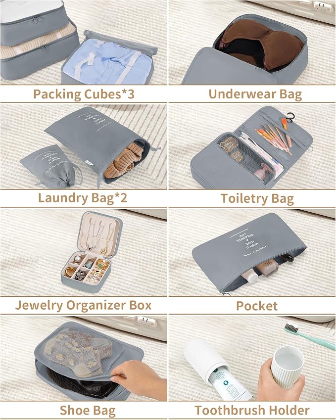 Packing Cubes 11 Set, Suitcase Organizers, Luggage Organizer Bags for Travel, Packing Cubes for Travel, with Toiletry Bag Essentials,Gray - Image 7