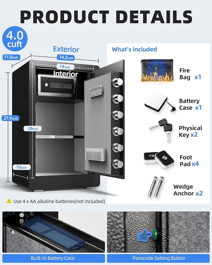DAYI Safe Box, 4.0 Cubic Feet Home Safes with Fireproof Bag, Digital Keypad, Dual Alarm Security Safe for Money, Documents, Ideal for Office Use - D-70 - Image 6