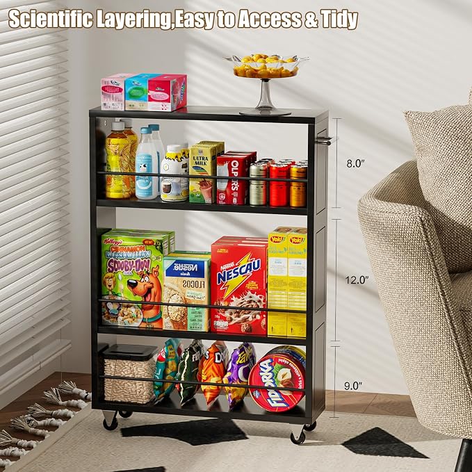 KLM 4 Tier Black Slim Storage Cart with Handle, Slide Out Storage Rolling Utility Cart for Kitchen, Laundry, Narrow Places-6.7" W - Image 7