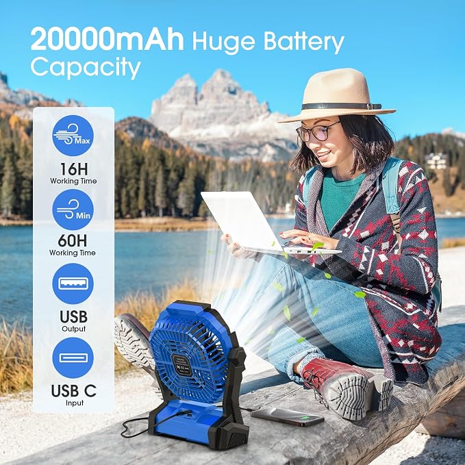 Portable Fan Rechargeable 20000mAh Cordless Battery Powered Camping Fan | with LED Lantern, Small Table Fan, USB Battery Operated Fans for Travel Bedroom Home Camping Tent Office Beach Desk Blue - Image 2