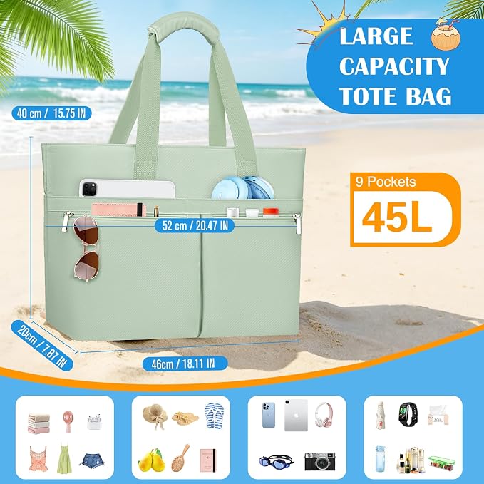 HUANLANG Large Beach Bags for Women Pool Bag with Zipper, Waterproof Sandproof Beach Tote Travel Bag with Wet Pocket - Image 8