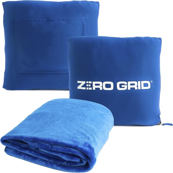 Zero Grid Lightweight Airplane & Travel Blanket with Foot Pockets, Blue | Compact Wearable Blanket with Neck Snaps, Zips & Converts to Soft Pillow for Ultimate Comfort by ZeroGrid