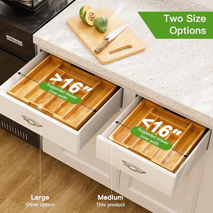 Pipishell Bamboo Expandable Drawer Organizer for Utensils Holder, Adjustable Cutlery Tray, Wood Drawer Dividers Organizer for Silverware, Flatware, Knives in Kitchen, Bedroom, Living Room(M-N) - Image 4