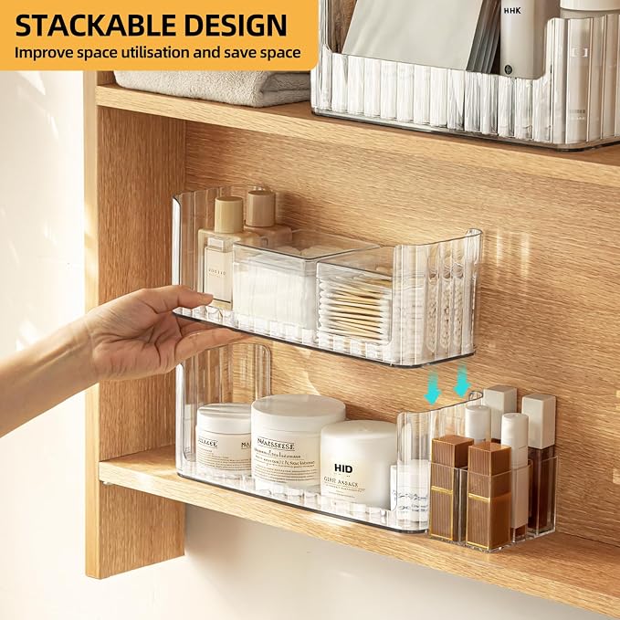 PAVSTINE 2-Tier Stackable Medicine Cabinet Organizer, Narrow Bathroom Makeup Organizer with Lipstick Holders & Cotton Swab Cases, Clear Countertop Shelf for Mirror Cabinet and Vanity - Image 3
