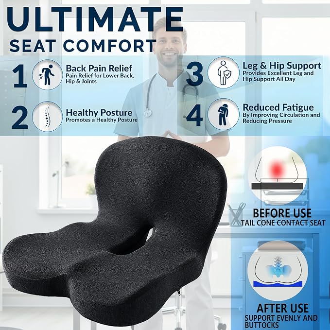 Memory Foam Seat Cushion for Truck Drivers, Office Chairs & Car Seats – Back Support & Sciatica Relief Pillow for Tailbone – Ergonomic Pressure Relief Pad for Long Sitting & Driving (Black) - Image 4