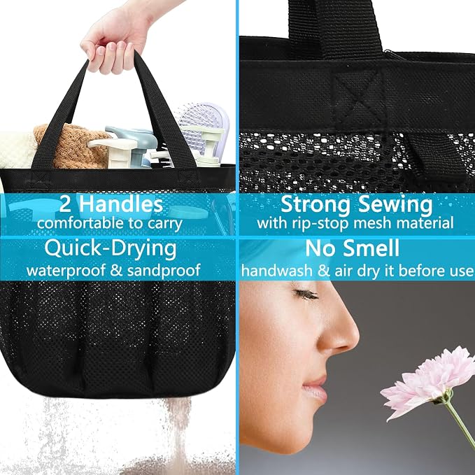 Fammart Mesh Shower Caddy Portable for College Dorm Room Essentials, Odorless Polyester Large Shower Tote Bag with Dual Handles, 8-Pocket Quick-Dry Toiletry Organizer for Travel, Beach, Camping, Gym - Image 7
