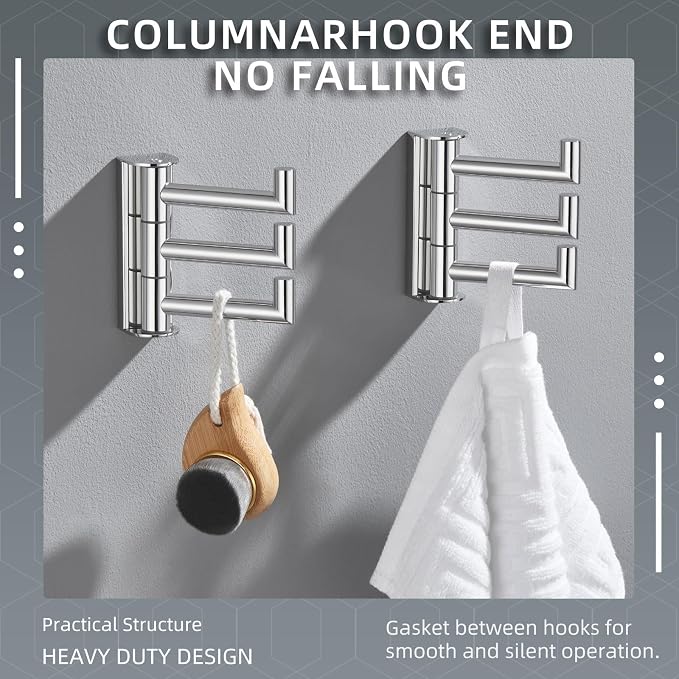 Angle Simple Swivel Towel Hooks, Robe Coat Hook 2 Pack, Polished Chrome | 304 Stainless Steel, Foldable Hand Towel Holder for Bathroom Kitchen Closet Cabinet, Compact Space Saver, Screws Wall Mount - Image 6