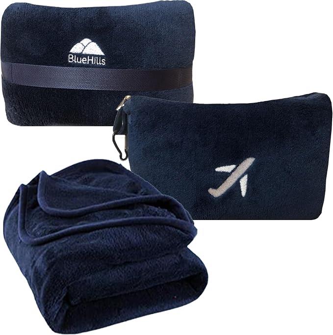 BlueHills Premium Soft Plush Mini Airplane Travel Blanket Pillow Navy Blue | Compact Pack with Luggage Belt and Backpack Clip, Long Flights Essentials, 2 in 1 Convertible Blanket, Soft Carry-on Case, RV by BlueHills
