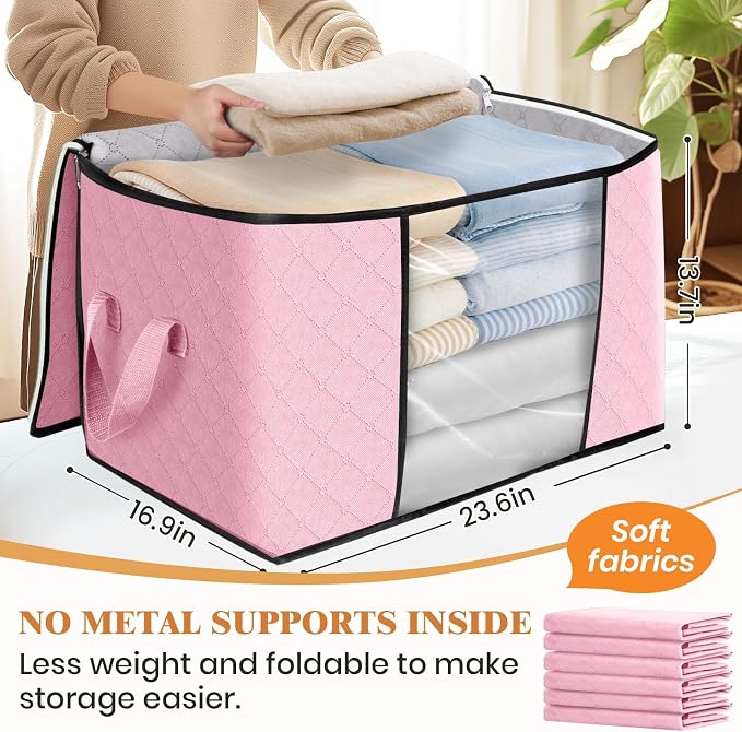 90L Clothes Storage, Foldable Thick Fabric Blanket Storage Bags | Foldable Containers with Zippers,Window and Handles for Organizing Bedroom, Closet, Comforter, Bedding,Dorm essentials - Image 2