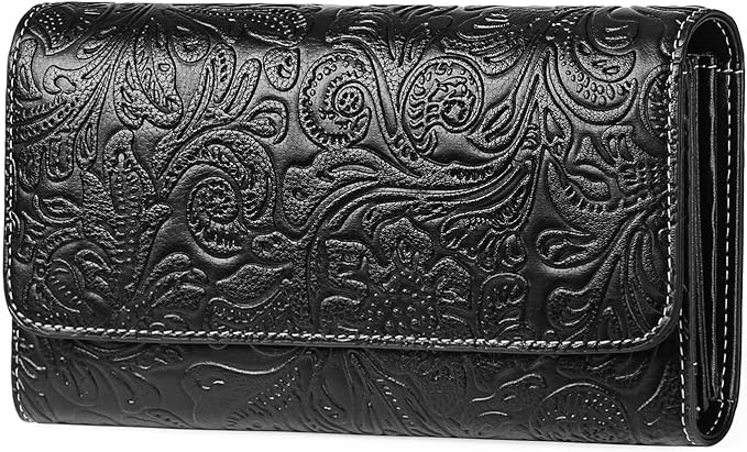 GOIACII Leather Wallets for Women RFID Blocking Western Clutch Black | Embossed Design, Trifold, Large Billfolds, Vintage Flower, Ladies Purses with Zipper Coin Pocket by GOIACII