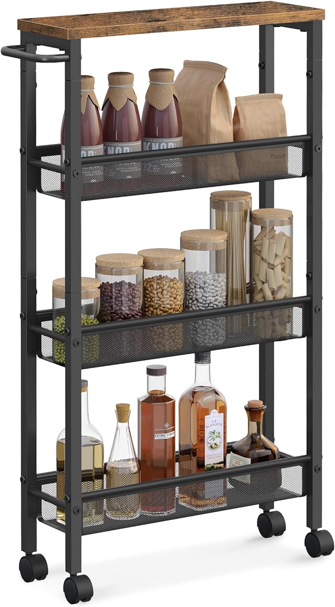 VASAGLE Slim Rolling Cart, 4-Tier Narrow Storage Cart with Handle, 5.1 Inches Deep, Metal Frame, for Kitchen, Dining Room, Living Room, Home Office, Rustic Brown and Classic Black ULRC032B01V1 by Unknown