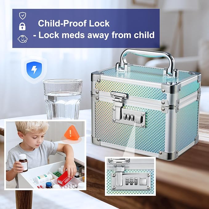 Lockable Medicine Storage Box - Shiny Turquoise Cabinet Med Lock Organizer, 7 * 5.25 * 5.75 Inches Safe Case with Combination Lock for Home, Dorm, Office, or Travel - Mini Size - Image 2